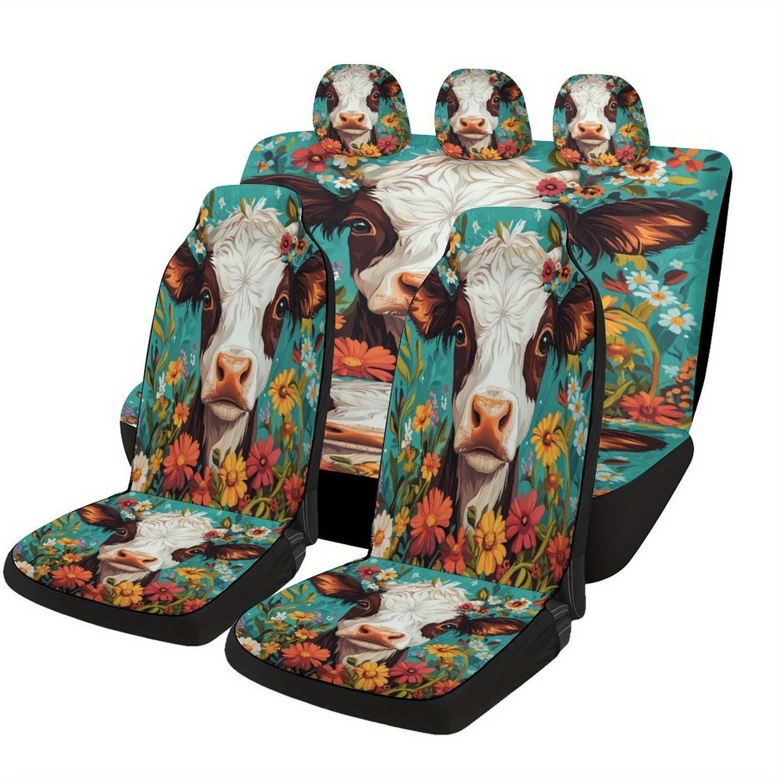 

Cow In Flowers Themed Car Seat Cover Set - Vibrant Polyester, Universal Fit For Most Cars, 2 Front & Rear Seat Backs, Machine Wa