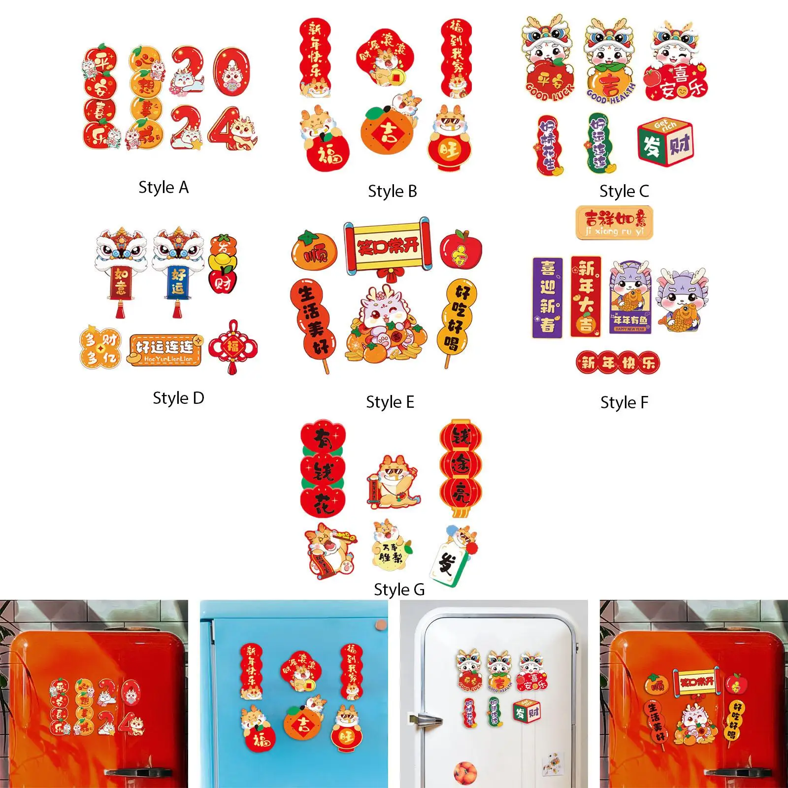 6x 2024 Chinese New Year Refrigerator Fridge Cartoon Ornament for Festival Party