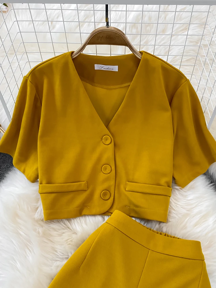 Conjunto vintage de três peças para mulheres, elegante blusa curta com decote em v, camis com alça, calças largas, verde, vermelho, amarelo,