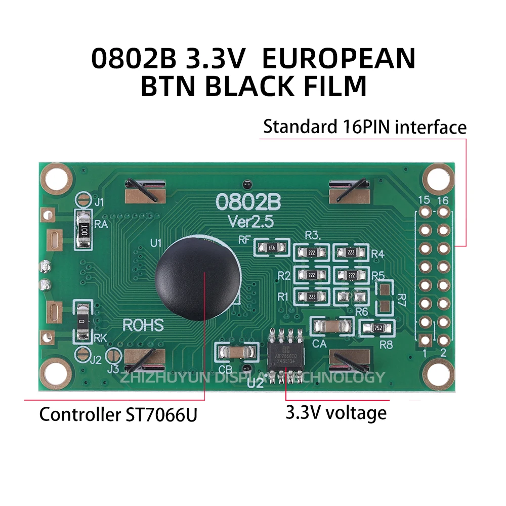 Pantalla de caracteres europeos LCD 0802B, módulo multilingüe de 87x60MM, 3,3 V, BTN, película negra, texto verde, garantía de tres años