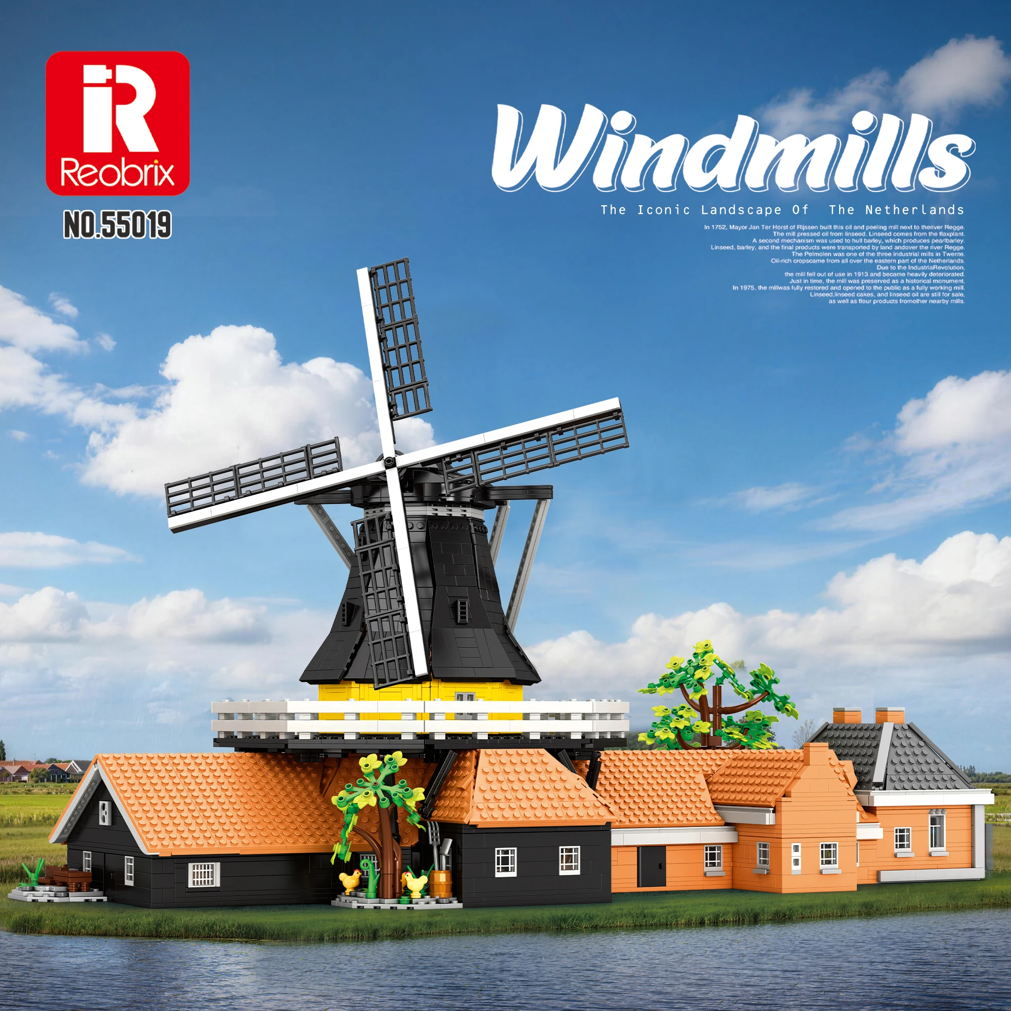 4801PCS Reobrix 55019 Dutch Windmill Building Blocks Set Netherlands Landscape Architecture Model Kit For Adults Collectible