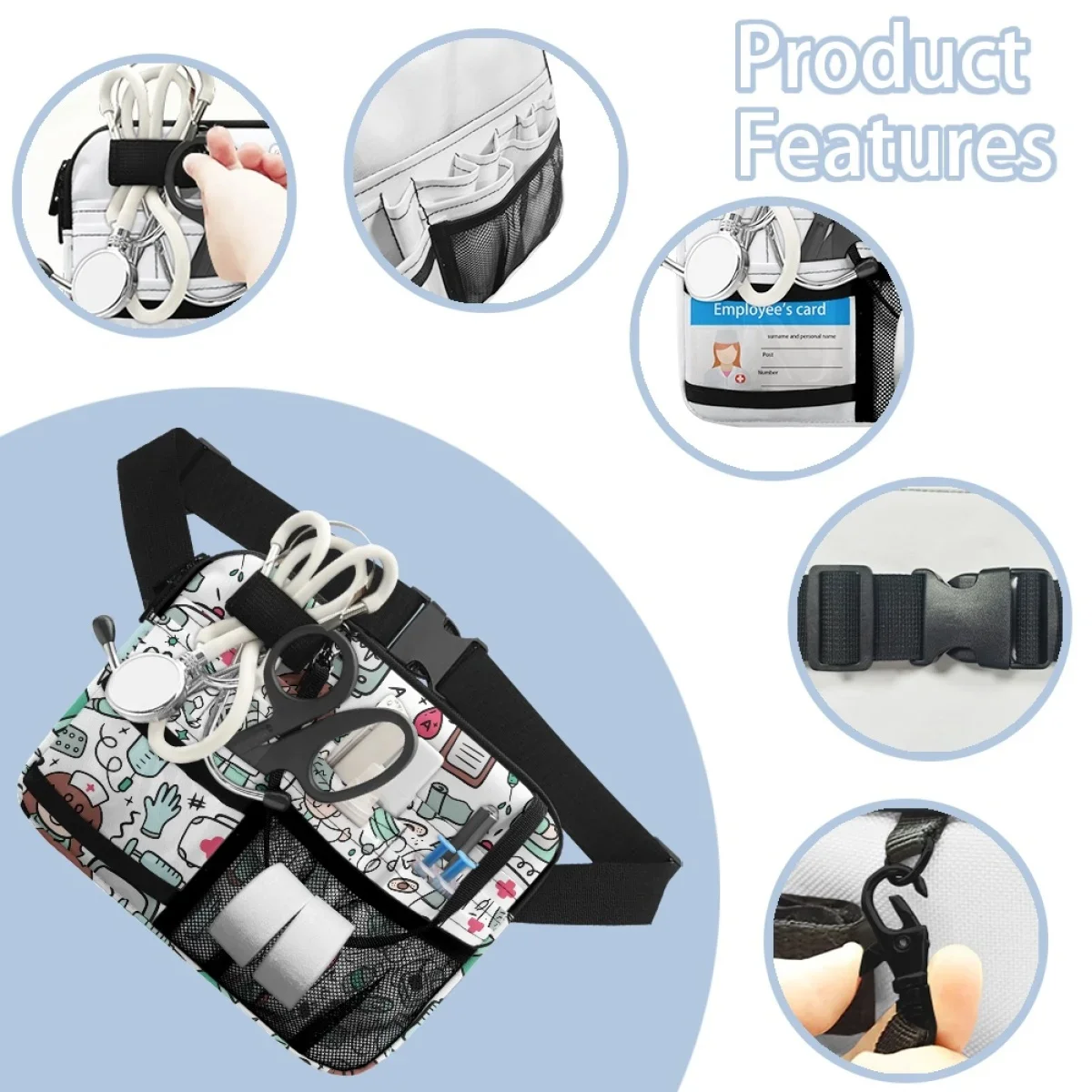 Sac de hanche utilitaire multi-compartiments pour soins infirmiers, étui pour médecin médical, sac banane imprimé à la mode, évaluateurs poudres de taille