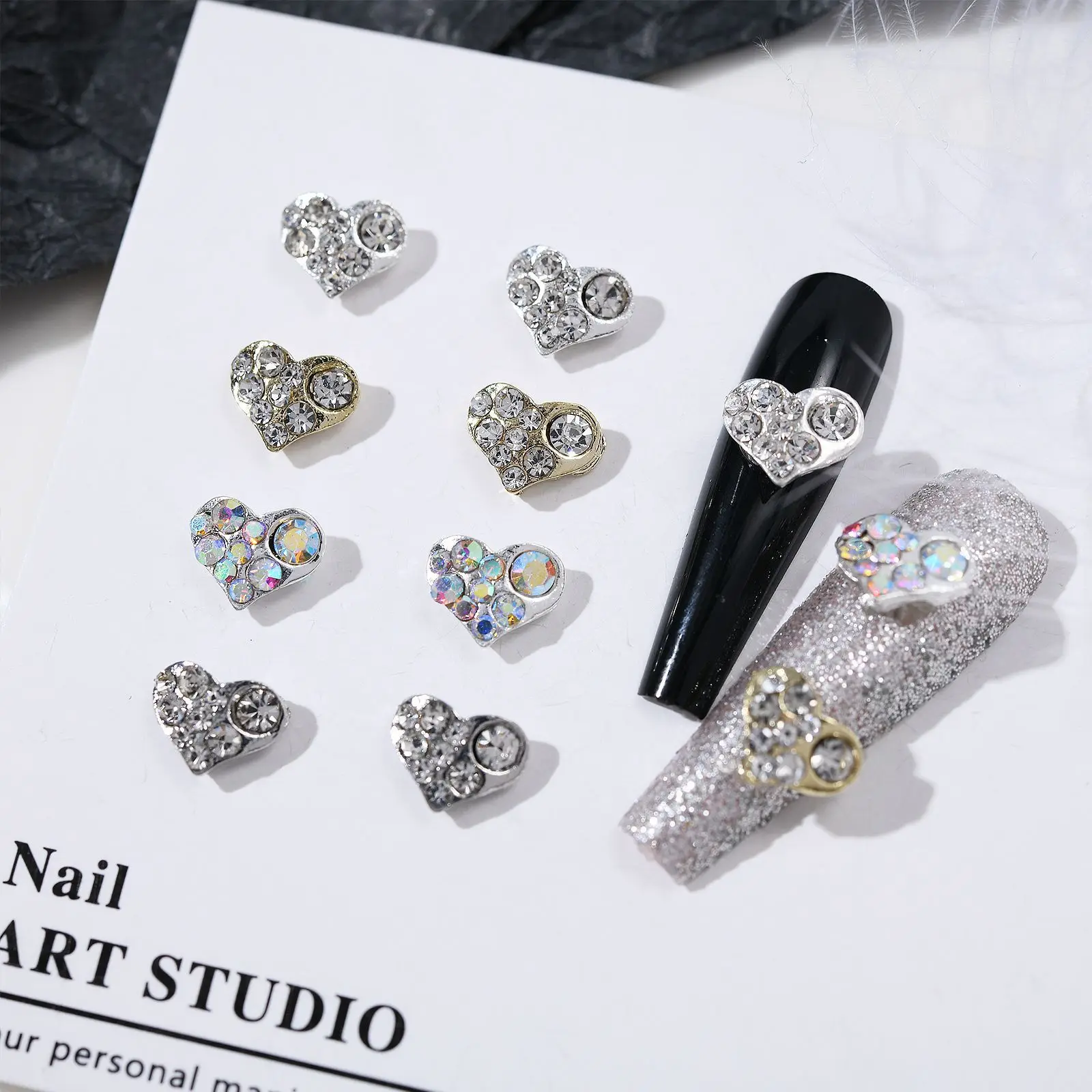 10pcs Flash Diamond Heart Nails Art Charms Silver 3D Silver Gold White k Heart Love Luxury Metal Nail Jewelry Accessories 6*8MM