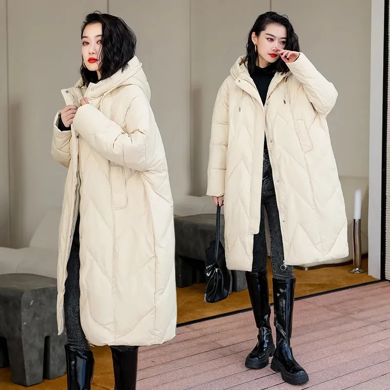 2024 New Solid Color X-Long Straight Winter Coat Women Parkas Clothes Casual Hooded Warm Jacket Female Puffer Parka Outerwear