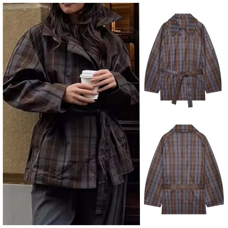 Guobioziy 2026 Women's New Plaid Belt Trench Coat Fashionable and Simple Elegant and Stylish Casual and Versatile