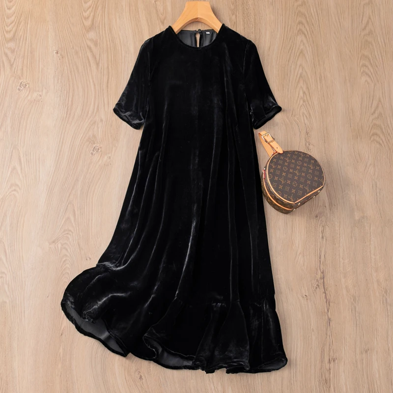 

Easiest All match black! Mulberry Silk Velvet! Soft and waxy! Silk Ruffles Hem Dress