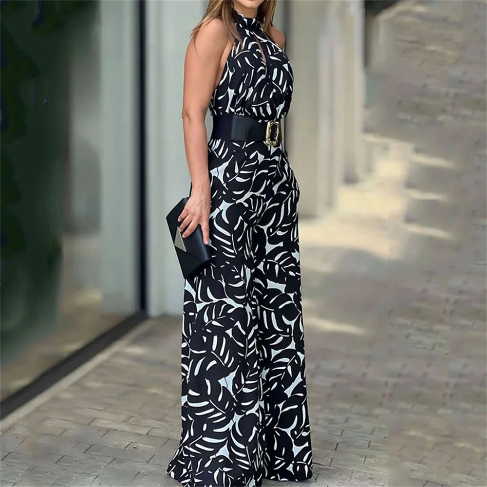 

Women Print Halter Jumpsuit Summer Sleeveless Nipped Waist Loose Hollow Out Backless Wide Leg Romper Mujer High Streetwear