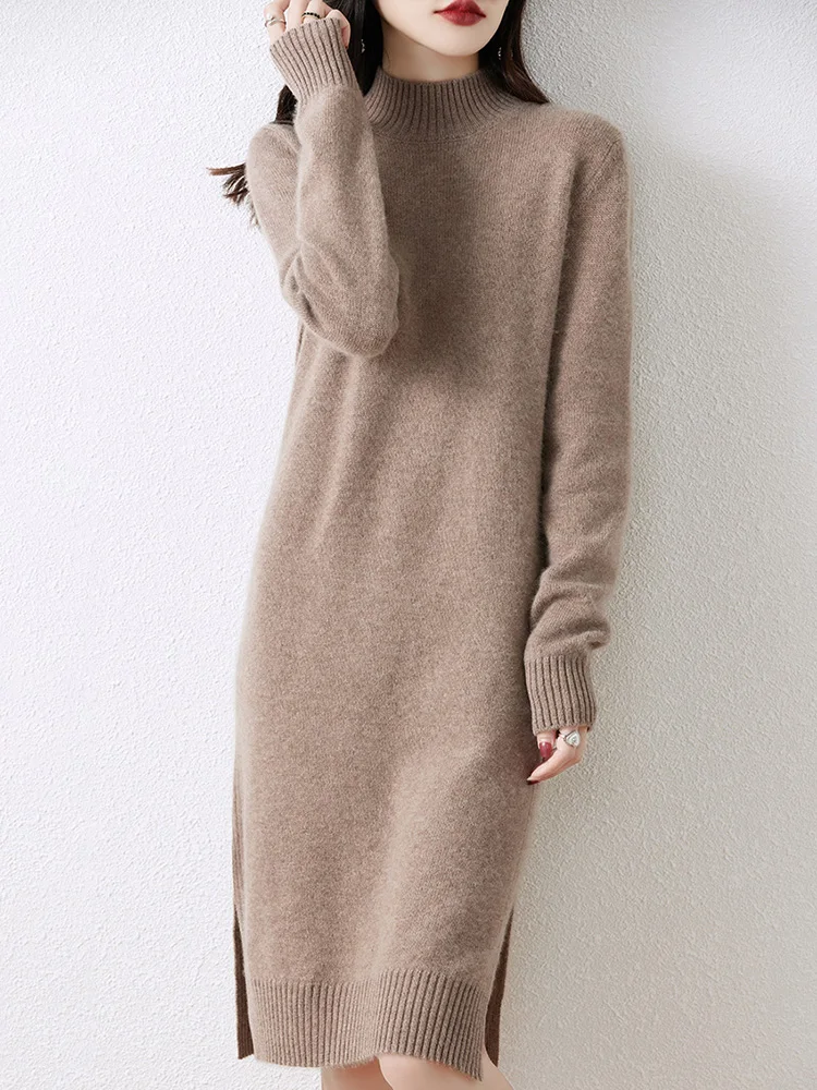 Hot Selling New Women's 100% Merino Wool Knitted Dress Autumn Winter Thick Mock-Neck Pullover Long Sweater Casual Women's Dress