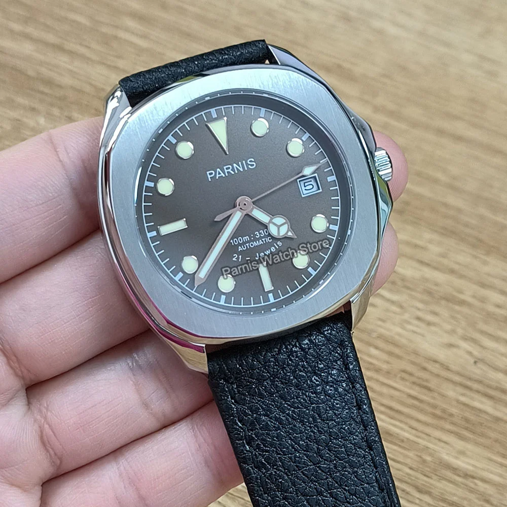 Parnis 39mm Mens Wristwatch Stainless Steel Miyota8215 Mechanical Automatic Watch Brown Dial with Leather Strap