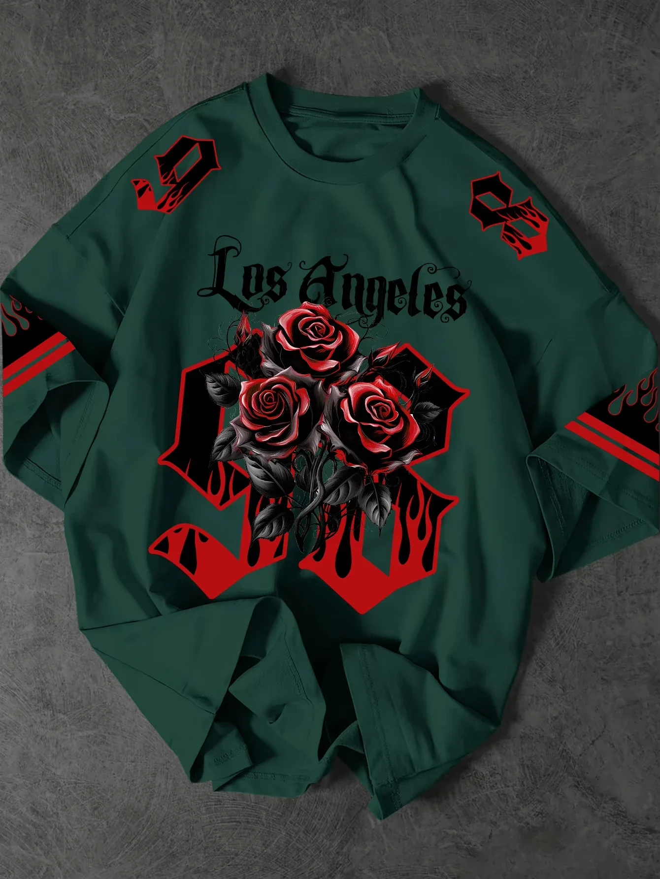 Oversized Vintage Y2K T‑Shirt Men Streetwear Gothic Rose Art Front Shoulder Print Graphic Tee Crew Neck Short Sleeve Tops
