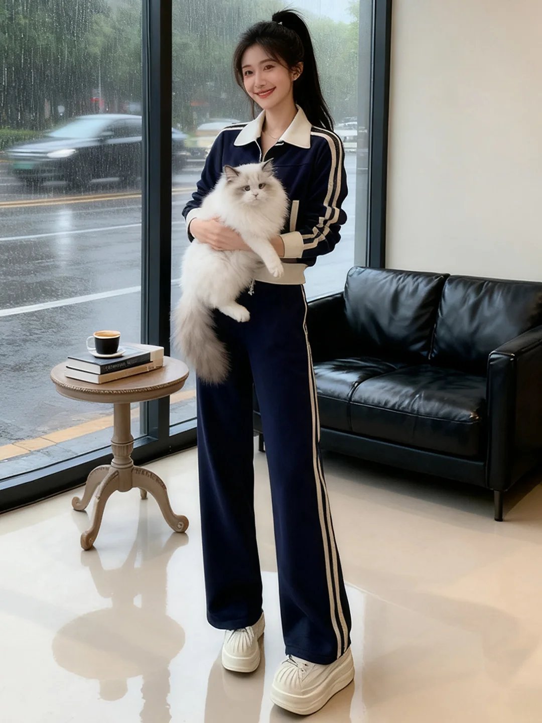 

Spring 2026 College Style Casual Sports Set Women's Fashion Anti-Aging Jacket Top Wide Leg Pants Two-Piece Set Comfortable Lo...