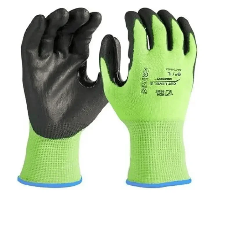 

12 Pair High Visibility Cut Level 2 Polyurethane Dipped Gloves- L