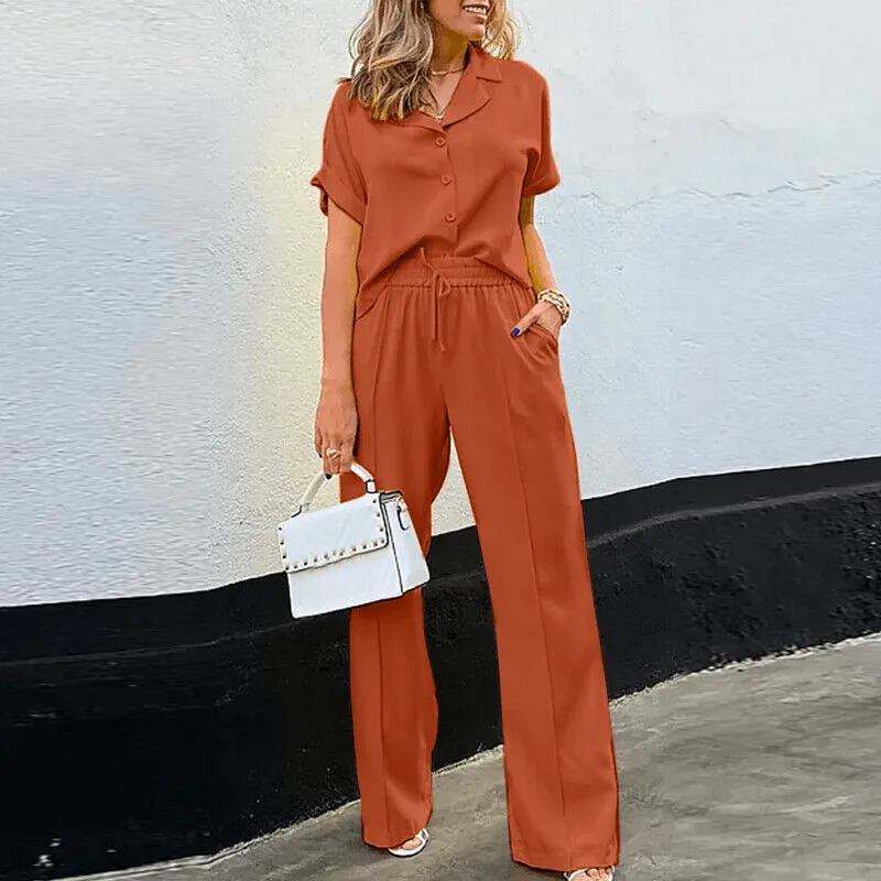 Fashion Short Sleeve Solid Shirt And Pants Two Piece Set Women 2024 Summer Casual Wide Legs 2 Piece Sets For Women