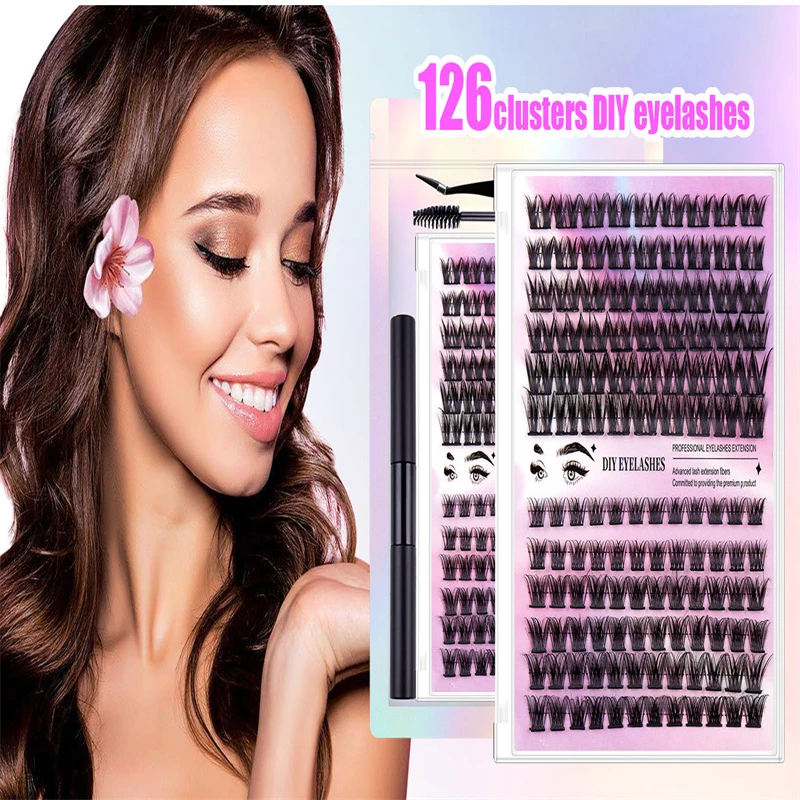 126 linhas/caixas diy aparência natural 10mm--14mm macio e leve flexível durável cílios reutilizáveis com suporte personalizado