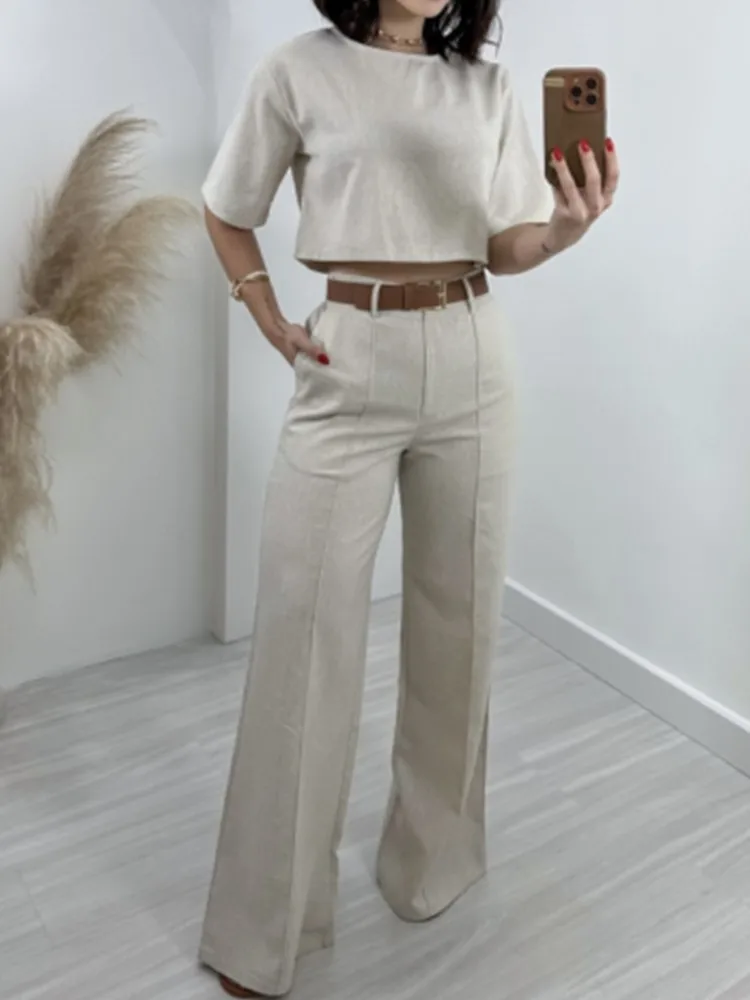 

Новая мода Хлопковые льняные короткие топы с высокой талией Широкий костюм Брюки Женский костюм Летний элегантный повседневный комплект из двух предметов для женщин