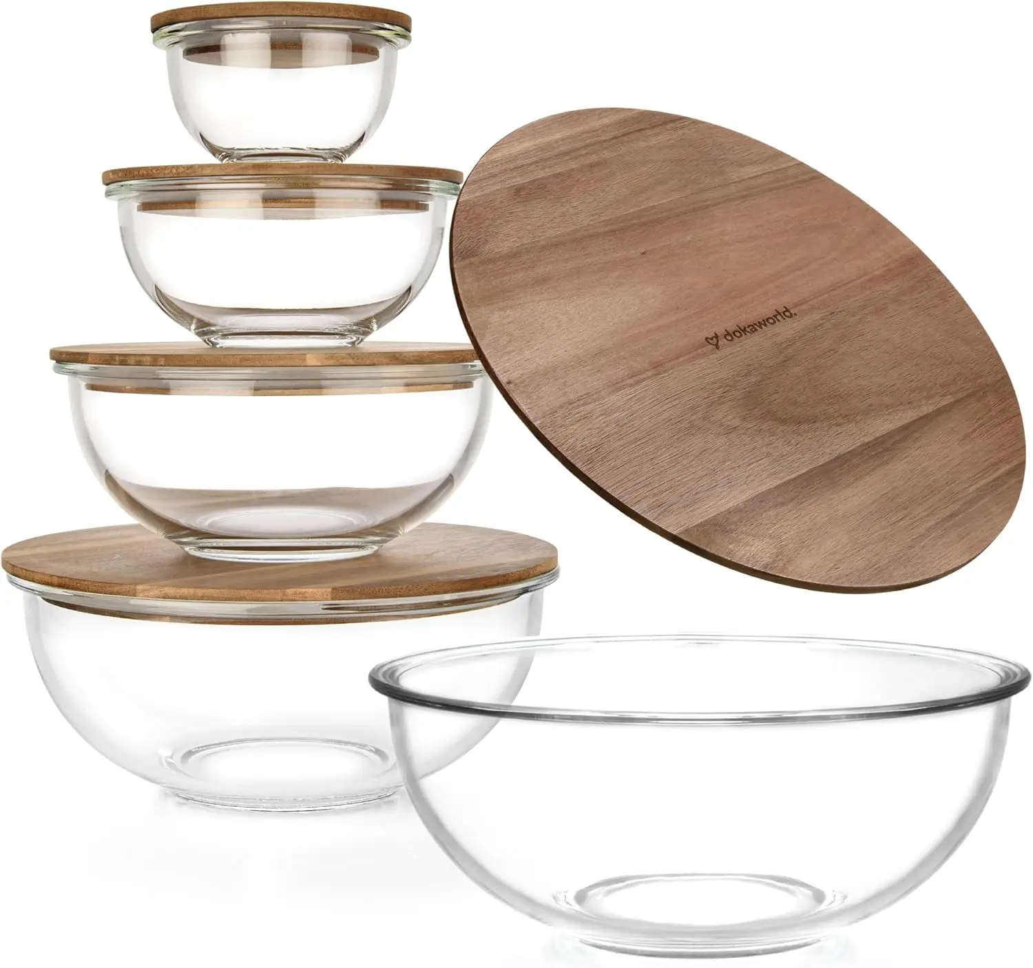 

5-Piece Nesting Glass Bowl Set with Acacia Lids - Microwave & Oven Safe, BPA-Free Borosilicate Glass