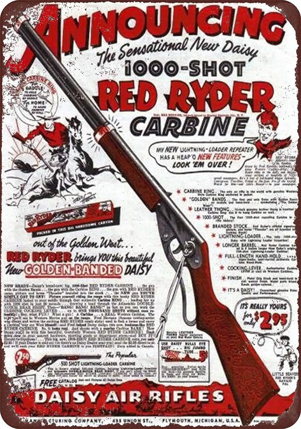 Isaric-señal de estaño 1940 Daisy Red Ryder BB Gun, aspecto Vintage, reproducción, señal de Metal 8x12