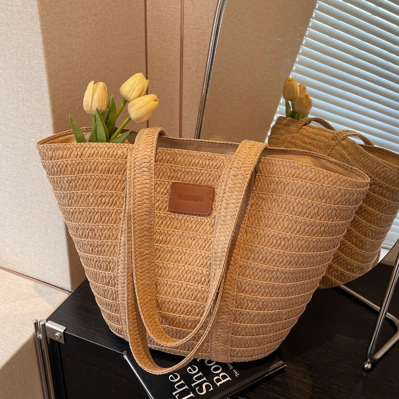 

Плетеная соломенная сумка через плечо большой вместимости, модная, универсальная, для пляжа и на каждый день, подходит для всех случаев, женская сумка-тоут