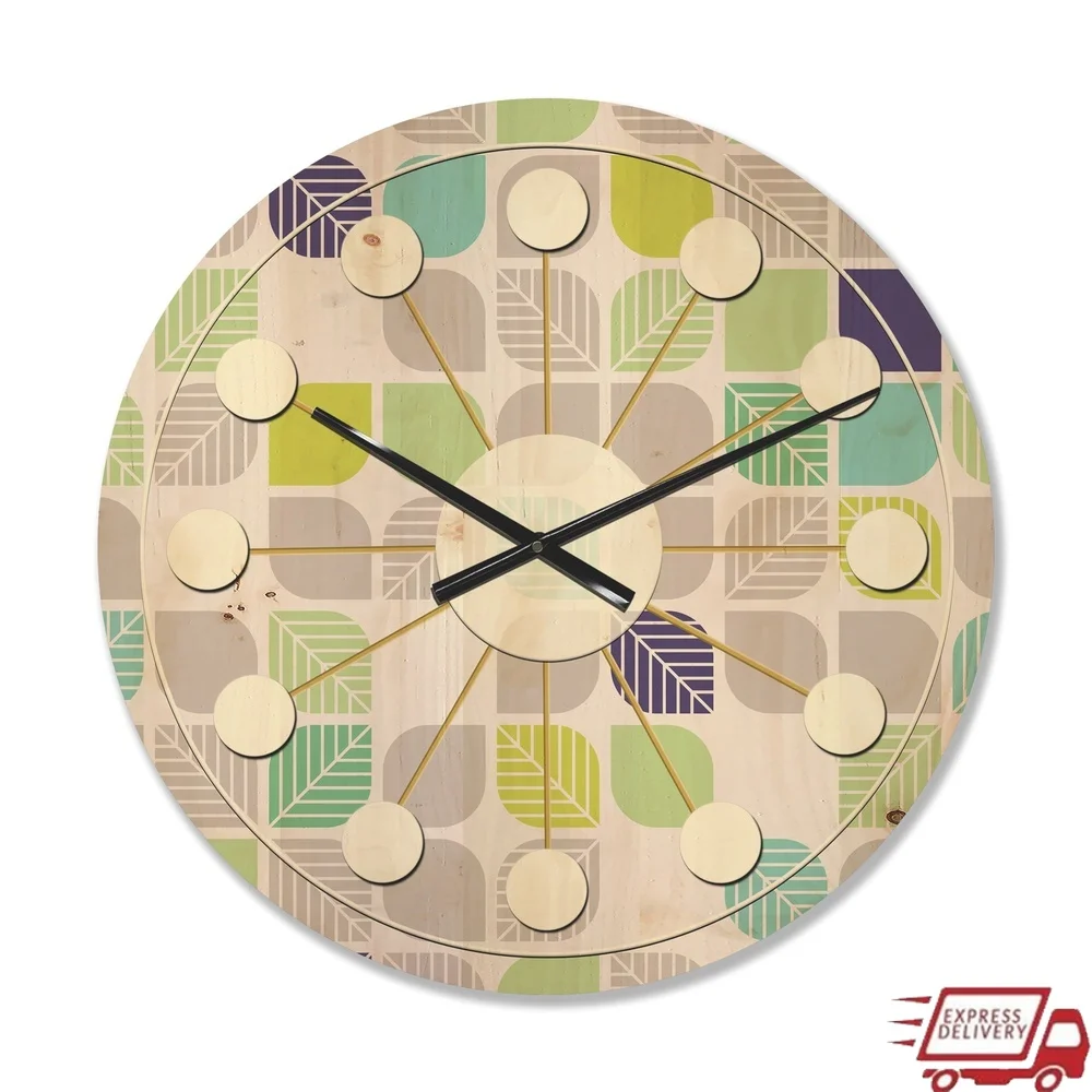 

Mid-Century Modern Wood Wall Clock Geometric Pattern Natural Pine Art Ready to Hang Unique Home Decor with Battery Included