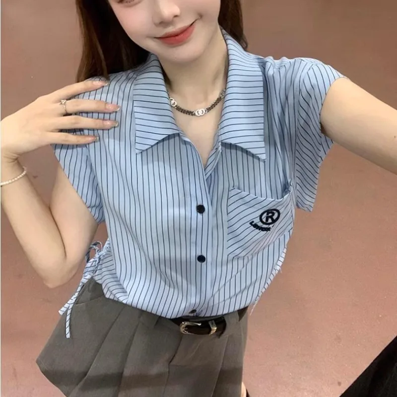 Preppy JK Japanese Kawaii Shirt Blue Striped Turndown Collar Button Up Shirt Side Drawstring Crop Tops College Students Clothing