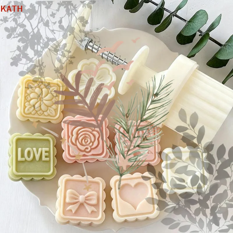 Flower Mooncake Mold Set 1 Mold 5 Stamps DIY Manual: Cookie Maker Baking Tool Kitchenware Supplies