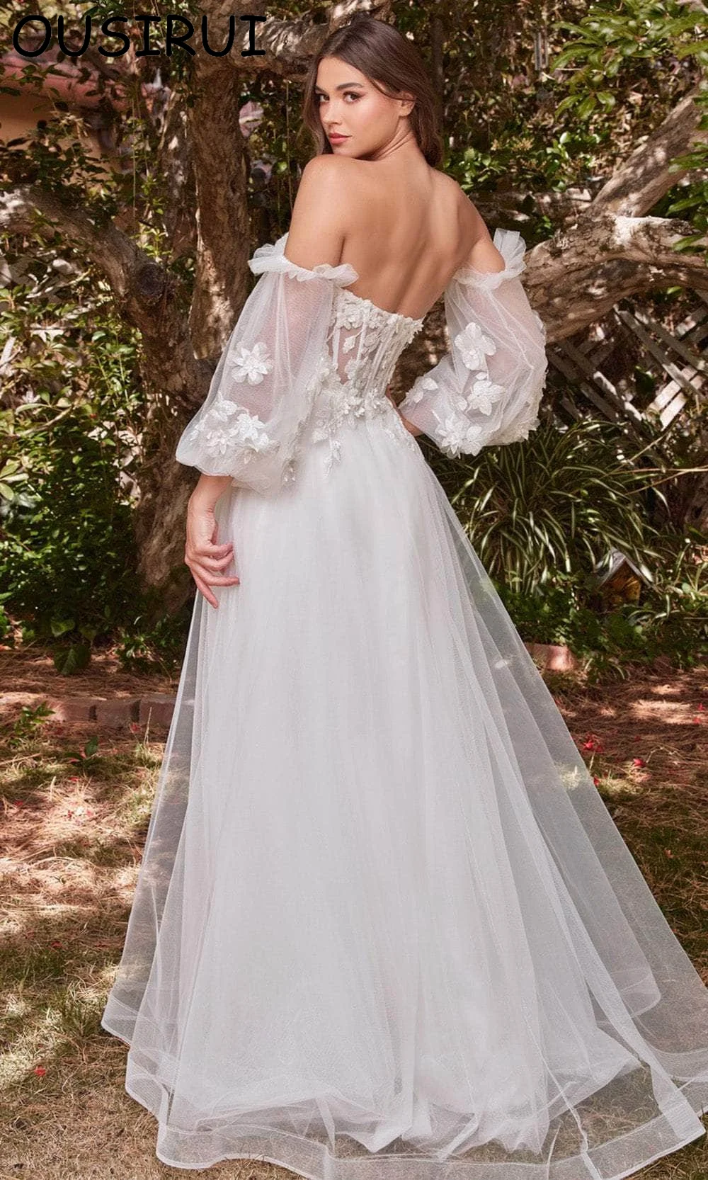 OUSIRUI Elegant Sweetheart Collar Tulle Wedding Bridal Dress with Appliques Lace A-lineLong Wedding Gown with Removable Sleeve