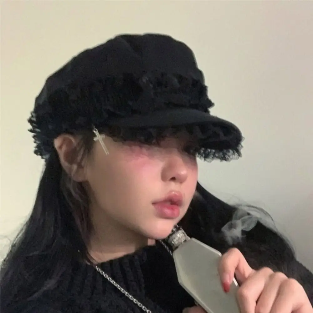 Double Layer Lace Y2K Hat Girl Cool Black Painter Hat Lace Beret Caps Dark Design Millennium Outdoor Sun Hat Octagonal Cap