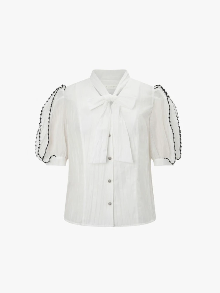 

Fashionable Korean Style Bubble Sleeve Shirt with Bow Tie Short Sleeve Wave Color Block Summer New Arrival for Young Girls