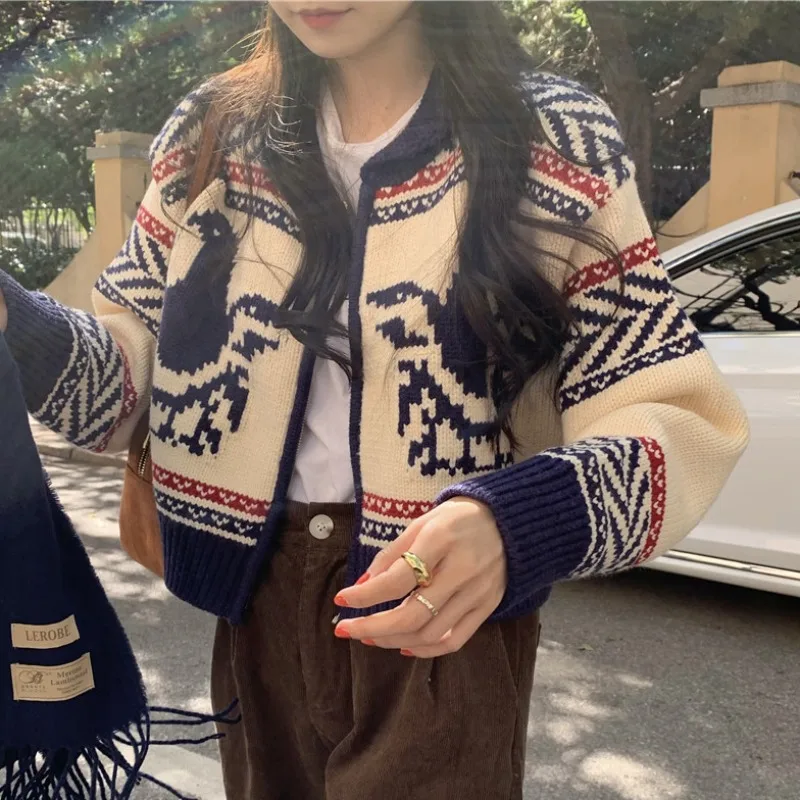 Vintage Lazy Chic Sweaters for Women 2024 Flower Jacquard Cropped Cardigan Y2k Clothes Jacket Pull