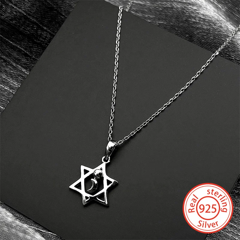 

925 Sterling Silver Jewish Star of David Moon Zircons Pendant Necklace for Women Girl Charms Choker Chain Israel Jewelry Gift