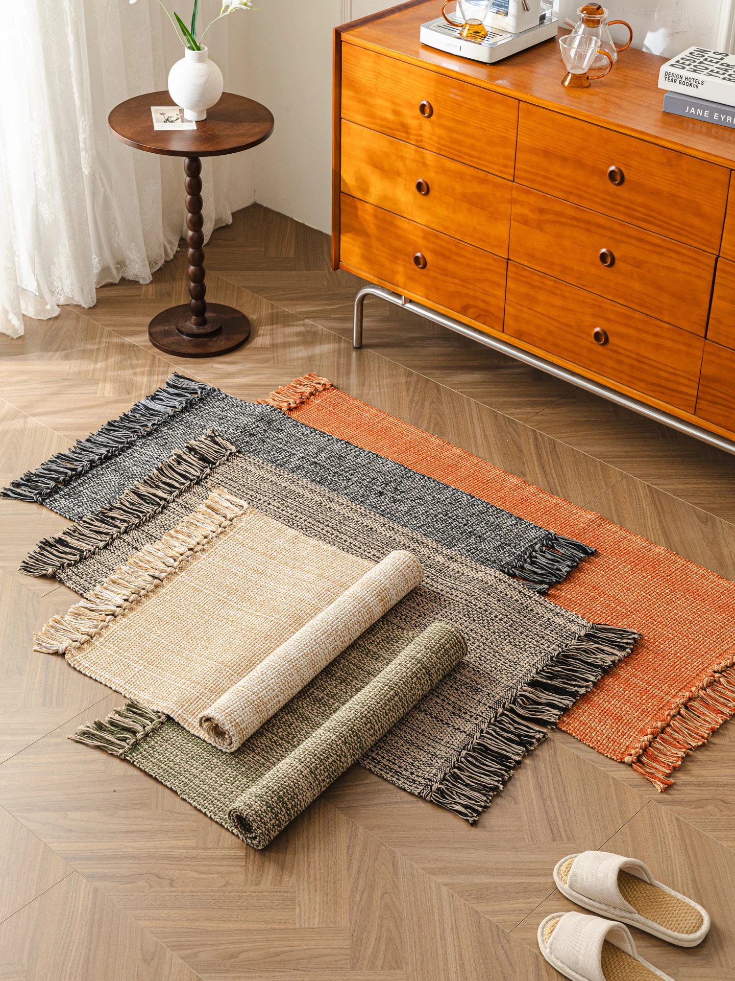 Handwoven Pure Cotton Rug Antique Style Kitchen Absorbent Floor Mat Home Study Tassel Carpet Bedroom by the Bed Long Rectangle