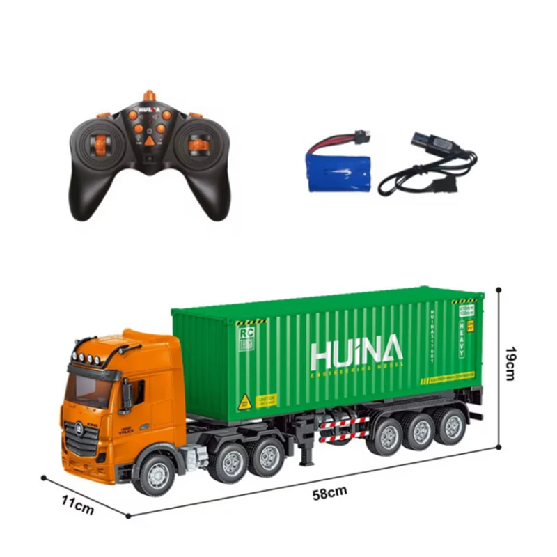 Huina 1:18 RC Cars 9Ch โลหะผสมเก้าช่องรีโมทคอนโทรลคอนเทนเนอร์รถบรรทุกของเล่นจําลองวิศวกรรมยานพาหนะเด็กของขวัญ