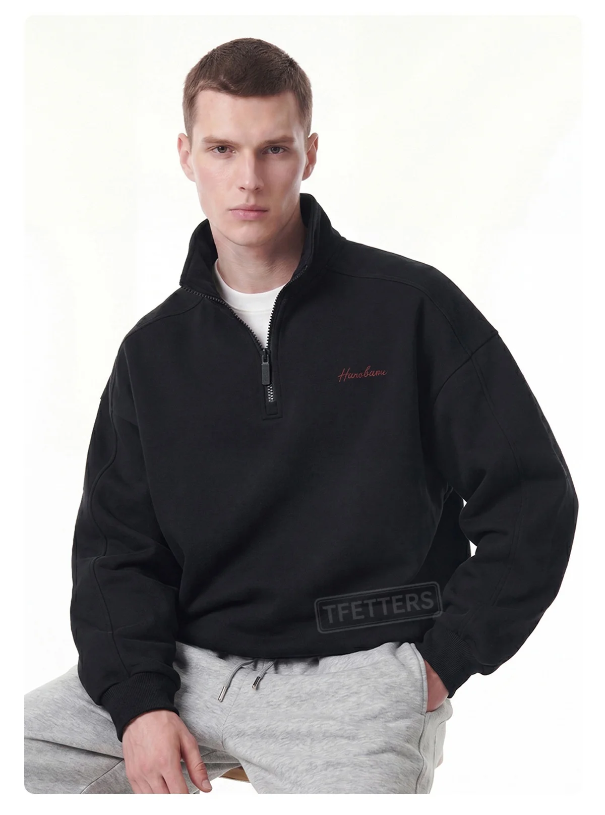 TFETTERS Fall Loose Cotton Half Zip Sweatshirt for Men Heather Gray Stand Collar Minimal Embroidered Casual Tops for Man EU SIZE
