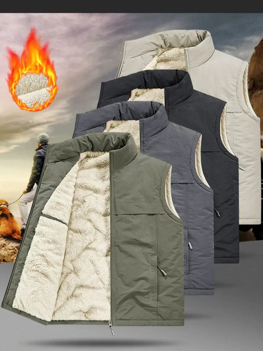 

Утолщенный жилет-карго из овечьей шерсти на флисовой подкладке, мужской жилет без рукавов на молнии, новинка 2025, зима-осень, теплая повседневная куртка, топы