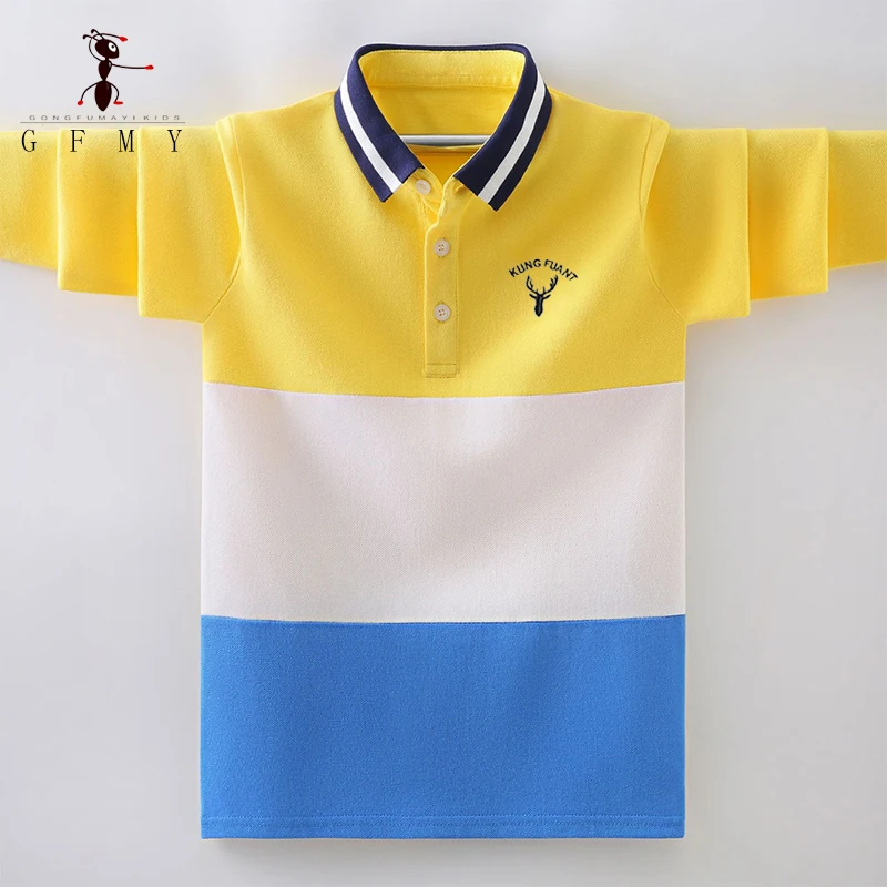 

Boys Long Sleeve Polo Shirt Kids Contrast Color Collar Tops Children Casual Deer Embroidery Blue Yellow T Shirts for 3-14 Years