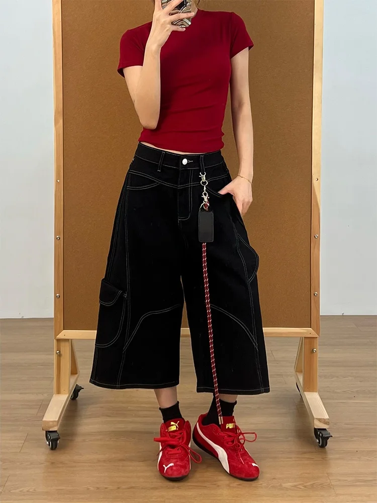 

Retro American Washed Black Multi-Pocket Work Pants Women's Spicy Loose Lazy Casual Seven-Foot Jeans High Waist Loose Fit