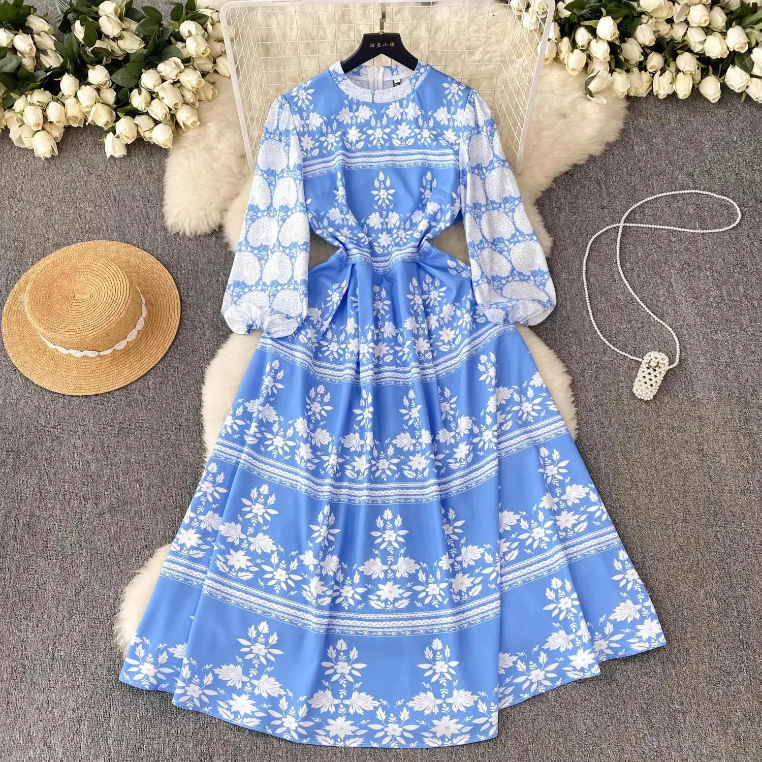 

Runway Vintage Spring Summer Blue Flower Print Midi Dress 2024 Women's Stand Collar Wrist Sleeve High Waist Slim Party Vestidos