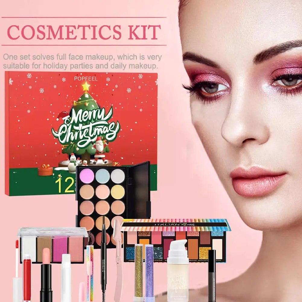 Kit de maquillaje con calendario de cuenta regresiva de Navidad, kit facial de 12 Uds., regalo de cosméticos, caja de Navidad, maquillaje, sombra de ojos, lápiz labial, correctores C6V1