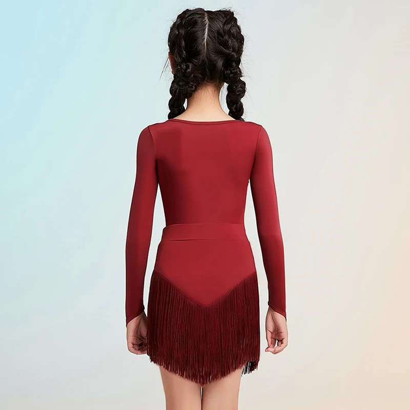 Kids Latin Outfit Meisjes Prestaties Kleding Rumba Samba Salsa Jurk Uitgesneden Rode Dans Turnpakje Fringe Lijn Dans Rok AMY2480