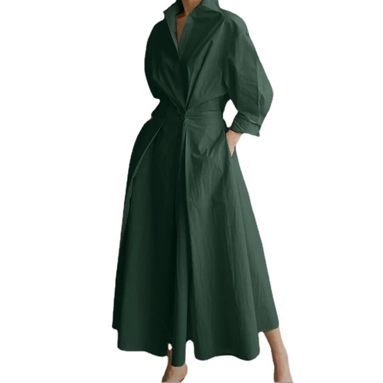 Korean Fashion Long Sleeve Shirt Maxi Dress Women Chic Turndown Neck Ruched Dress Elegant Office Lady  Autumn Clothes Streetwear