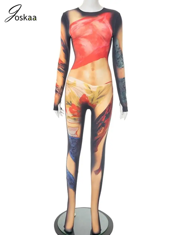 Joskaa 2025 Women's Sexy Body Paint Print Round Neck Long Sleeve Skinny Jumpsuit Midnight Party Club Rompers Y2K Streetwear - Image 4