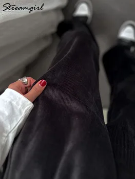 Winter Warm Corduroy Pants Women High Waisted Thick Velvet Trousers Winter Clothings Loose Fleece Chenille Pants For Women Beige