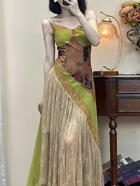 กระโปรงยาวทรงวินเทจผ้าชีฟองลายดอกไม้ย้อนยุคแต่งผ้าลูกไม้ช่วงเอวทรงเข้ารูป กระโปรงผ้าฝ้ายเอวสูงสำหรับฤดูร้อน