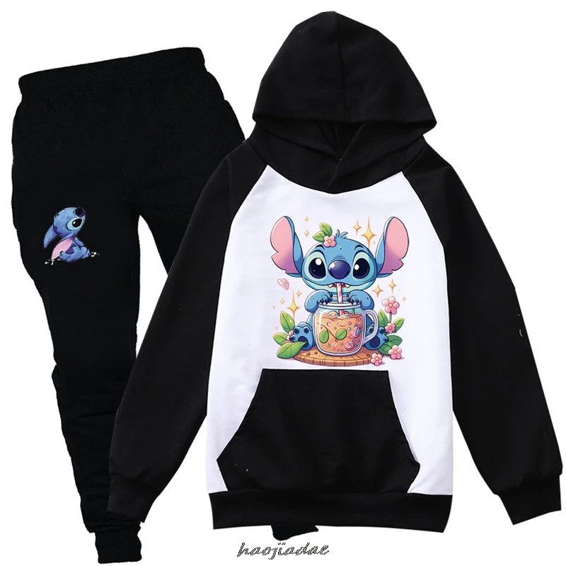 Lilo And Stitch Baby Girls Clothes Pocket Hooded Printed Top + Pant 2Pcs Cartoon Toddler Girls Clothes Teen Women Outfit Sets