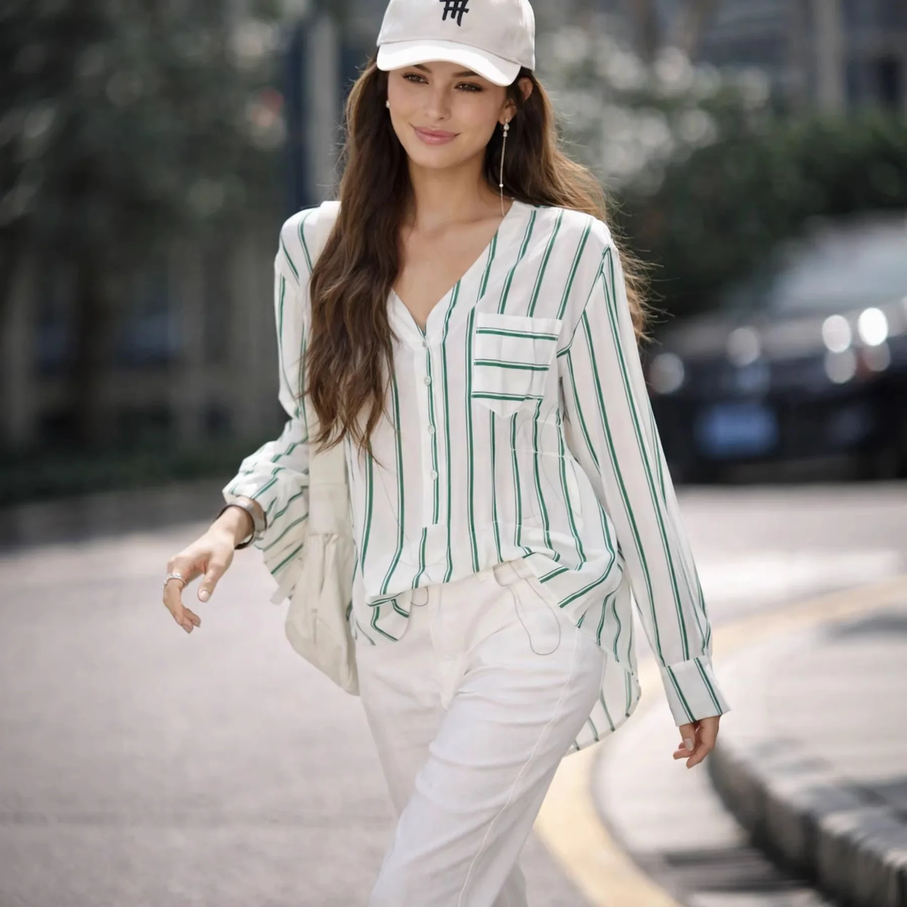 

Popular V-Neck Mambo And White Striped Long-Sleeve For Women, Summer Lightweight Shirt, Mint Green Sun Protection Shirt