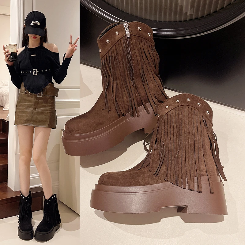 Botas De Mujer buty bojowe dla kobiet masywne buty na wysokim obcasie kowbojskie buty Fringe Retro Goth buty damskie Plus