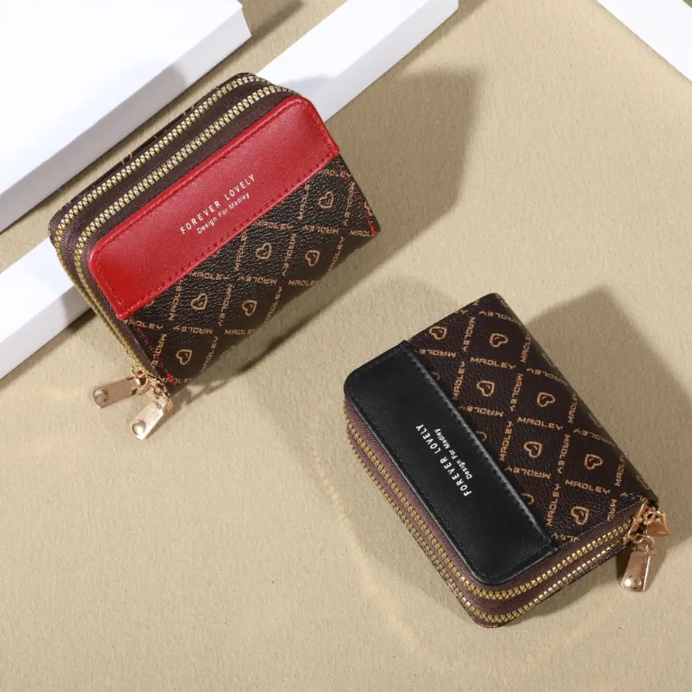 

Temperament Color Block Short Wallets Card Bag Leather Women Clutch Bag Double Zipper Coin Purse Change Bag Women