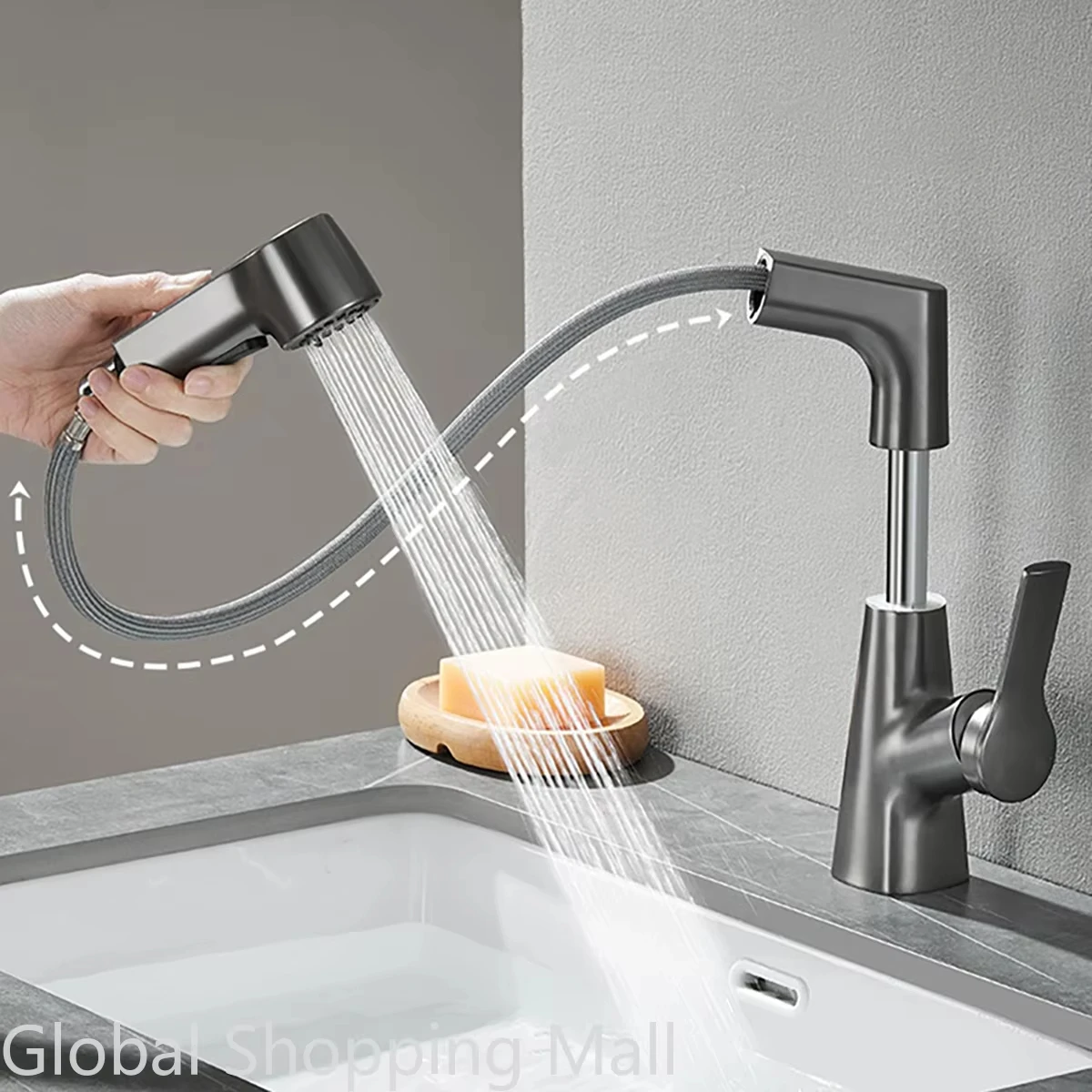 

Brushed stainless steel kitchen faucet, panel-mounted, pull-out spray nozzle, kitchen sink mixing faucet, single-layer flow,