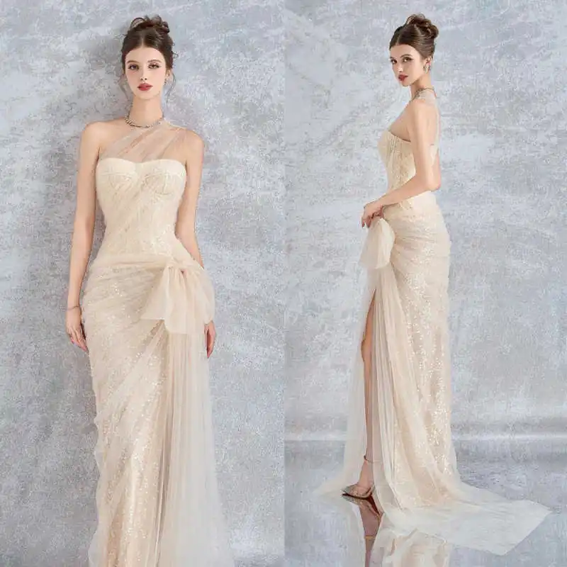 Airy Elegant Evening Dresses One Shoulder Rupled Glitter Tulle Fabric Large Side Bow High Slit Flowy Train Wedding Party Gowns