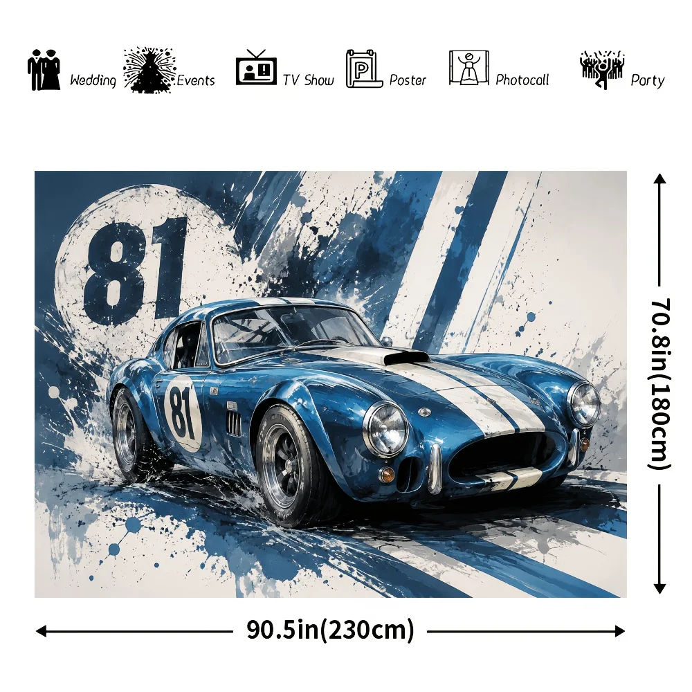 Vintage Blue Racing Car Number 81 Sports Art Tapestry 2D Flat Retro Auto Wall Hanging for Man Cave Garage Bedroom Decor Fabric